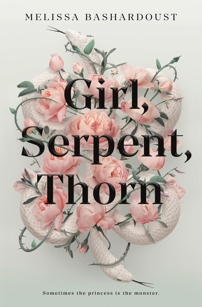The cover of "Girl, Serpent, Thorn" by Melissa Bashardoust. It is a snake with flowers and vines around it. The title is over the snake image.