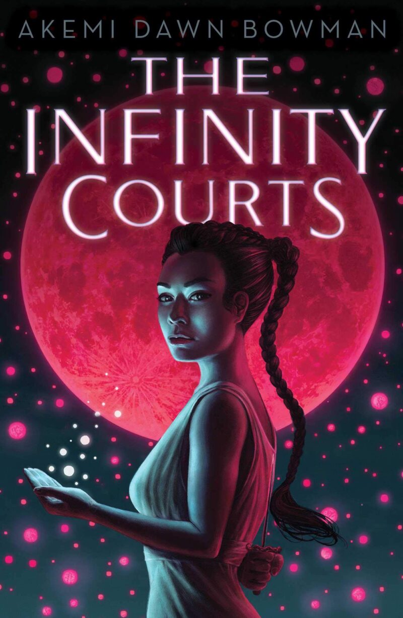 Cover page of The Infinity Courts by Akemi Dawn Bowman - main character Nami stands in front of a red moon, her palm is upturned and spheres of light float above it.